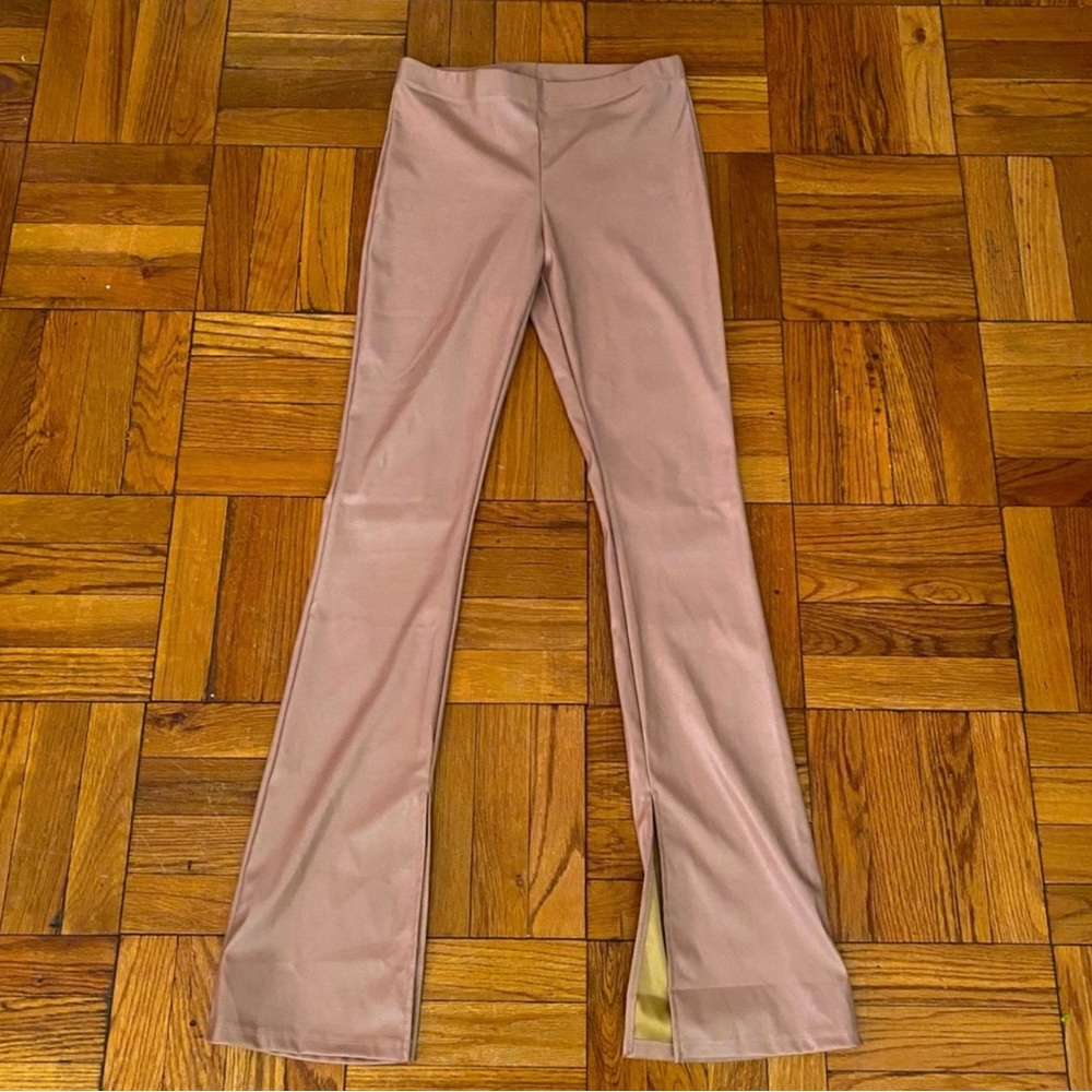 Dolls Kill Tan/Pink Faux Leather Flare Slit Pants